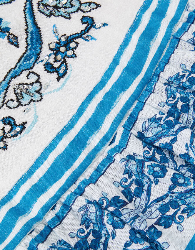 Calista Floral Print Frilly Playsuit, Blue (BLUE), large