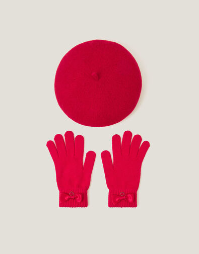 Bow Wool Beret & Gloves Set, Red (RED), large