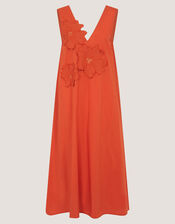 Rosalie Floral Appliqu&eacute; Cotton Midi Dress, Orange (ORANGE), large