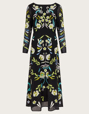 Ellen Embroidered Floral Midi Dress, Black (BLACK), large