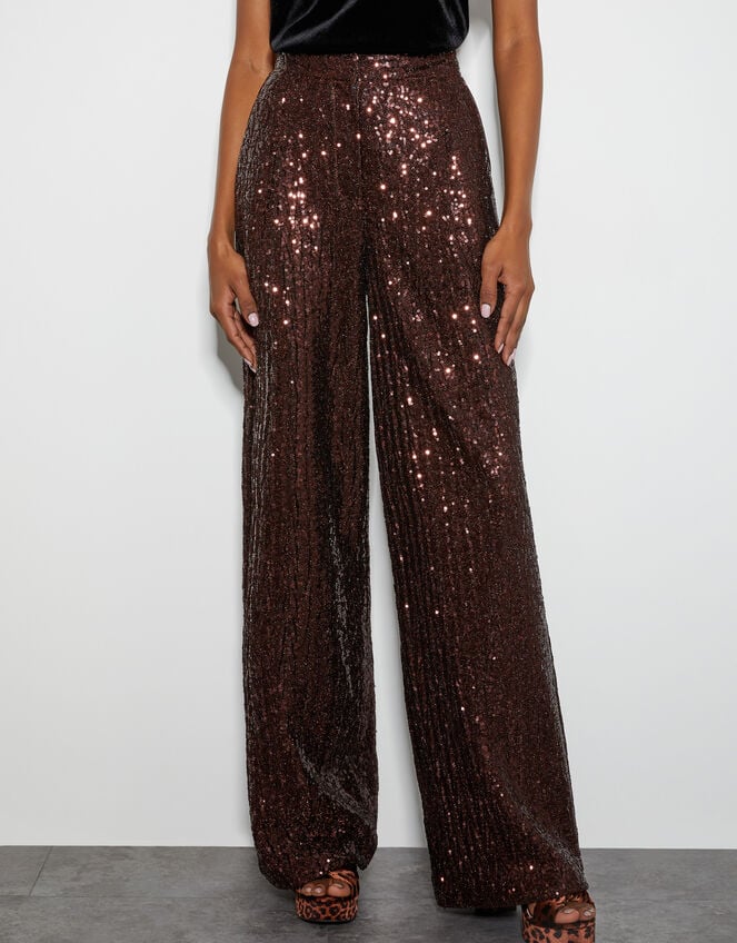 Monsoon x Sarah Corbett-Winder Wide Leg Sequin Trousers, Bronze (BRONZE), large