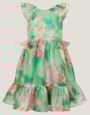 Blurry Floral Organza Ruffle Dress, Green (GREEN), large