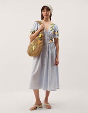 Marisol Lemon Embroidered Stripe Midi Dress, Blue (BLUE), large