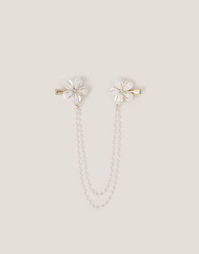 Flower Pearl Chain Double Hair Clip, , large