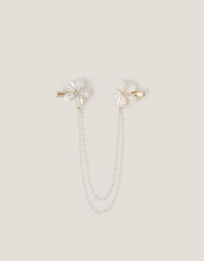 Flower Pearl Chain Double Hair Clip, , large