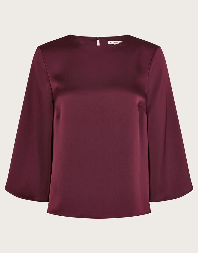 Ingrid Bell Sleeve Satin Top, Red (BURGUNDY), large