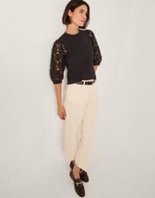 Flavia Sheer Appliqu&eacute; Sleeve Jersey Top, Black (BLACK), large