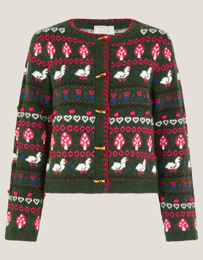 Monsoon x Sarah Corbett-Winder Duck Fair Isle Cardigan, Green (KHAKI), large