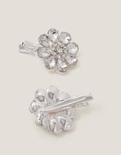2-Pack Gem Flower Hair Clips, Silver (SILVER), large