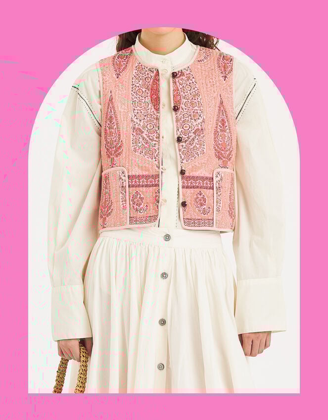 Antik Batik Tajara Paisley Quilted Waistcoat, Orange (CORAL), large