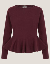 Peony Peplum Jumper, Red (BURGUNDY), large