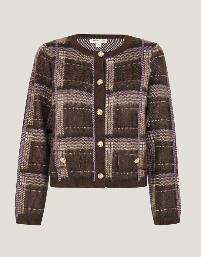 Carmen Check Cardigan, Brown (CHOCOLATE), large