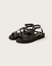 Strappy Flat Leather Sandals, Black (BLACK), large
