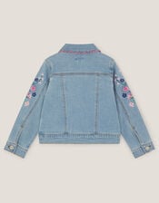Floral Embroidered Frill Denim Jacket, Blue (BLUE), large