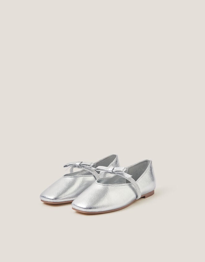 Bow Strap Metallic Ballet Flats, Silver (SILVER), large