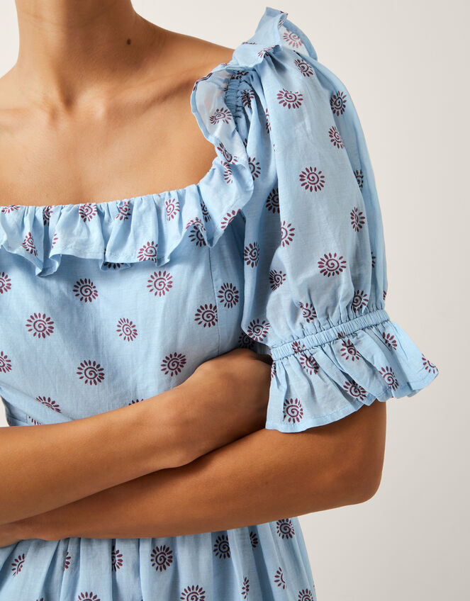 The India Edit Matilda Printed Puff Sleeve Midi Dress, Blue (BLUE), large