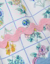 Bonnie Puff Sleeve Checkerboard Floral Dress, Ivory (IVORY), large