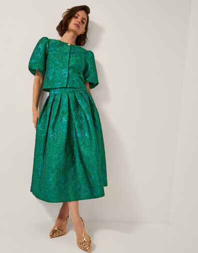 Jolene Floral Jacquard Midi Skirt, Green (GREEN), large