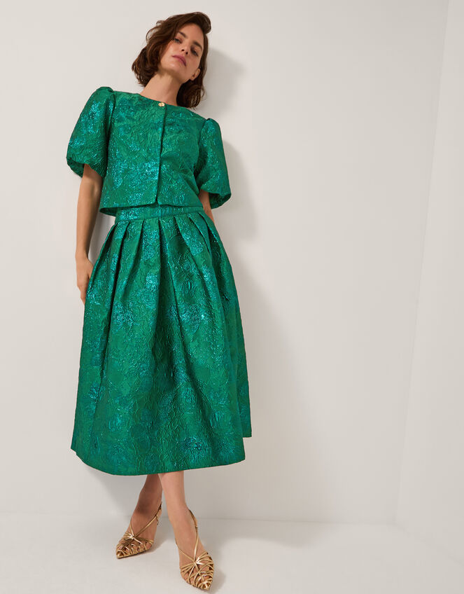 Jolene Floral Jacquard Midi Skirt, Green (GREEN), large