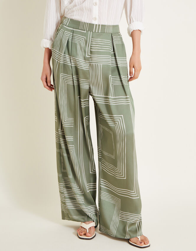 Anica Print Wide Leg Trousers, Green (KHAKI), large
