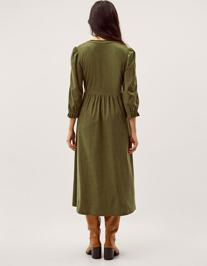 Sara Smocked Corduroy Midi Dress, Green (KHAKI), large