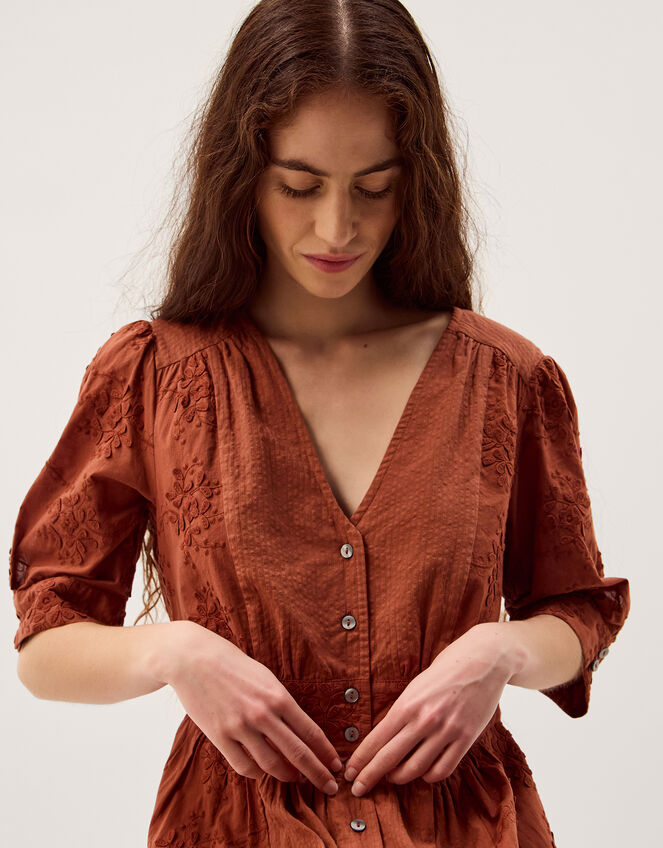 Harika Floral Embroidered Midi Dress, Brown (BROWN), large