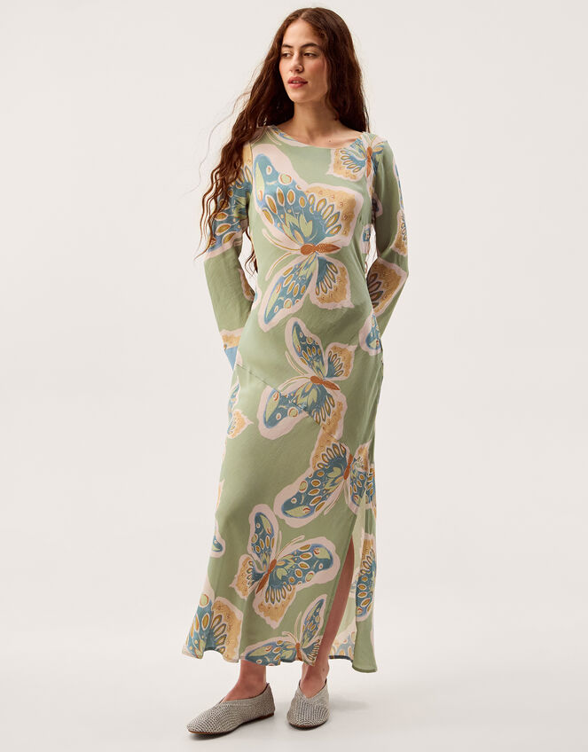 Clemence Aurelie Butterfly Long Sleeve Maxi Dress, Green (SAGE), large