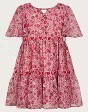 3D Hearts Floral Short Sleeve Dress, Red (RED), large