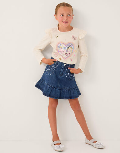 Jewel Heat Seal Denim Skirt, Blue (BLUE), large