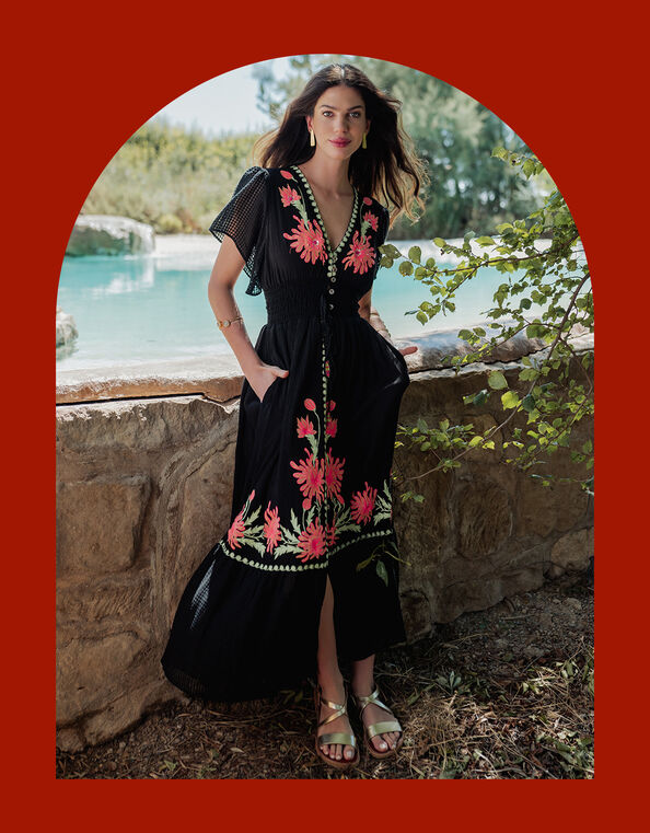 Piti Cuiti Flutter Floral Embroidered Maxi Dress, Black (BLACK), large