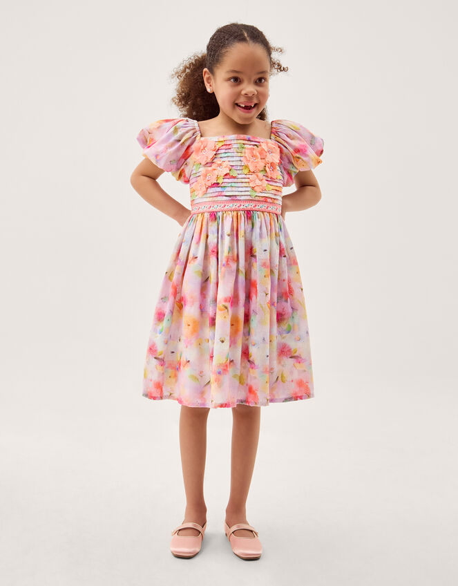 Floral Broderie Puff Sleeve Party Dress, Multi (MULTI), large