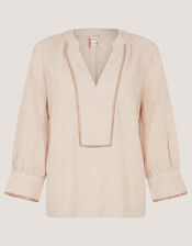 Frida Stripe Linen-Blend Top, Natural (NATURAL), large