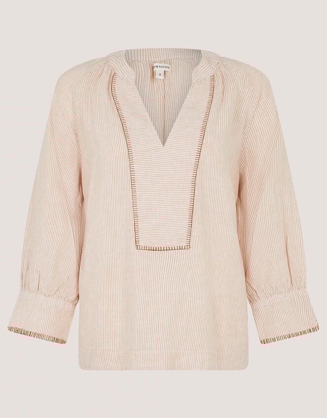 Frida Stripe Linen-Blend Top, Natural (NATURAL), large