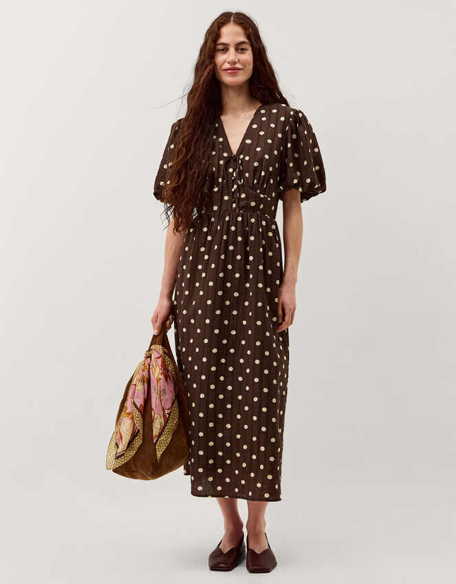 Paris Puff Sleeve Polka Dot Midi Dress, Brown (CHOCOLATE), large