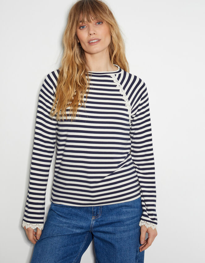 Sadie Stripe Long Sleeve Jersey Top, Blue (NAVY), large