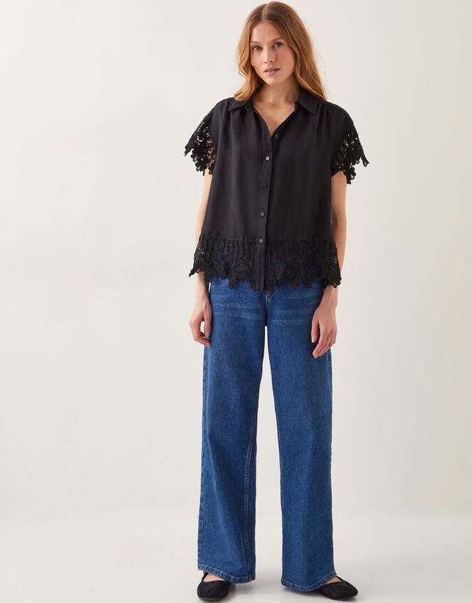 Lara Linen-Blend Short Sleeve Shirt, Black (BLACK), large