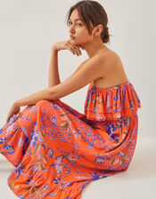 Kaia Floral Frill Midi Dress, Orange (ORANGE), large