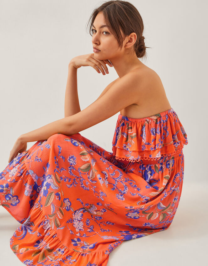 Kaia Floral Frill Midi Dress, Orange (ORANGE), large