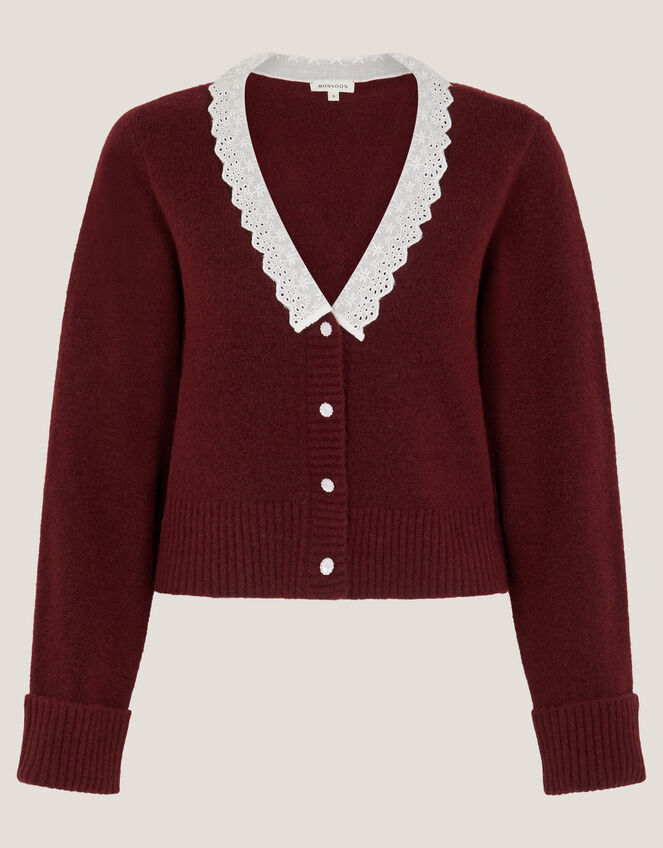Layla Broderie V-Neck Cardigan, Red (CHERRY), large