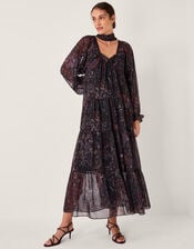 Marianna Paisley Print Tiered Midi Dress, Purple (PURPLE), large