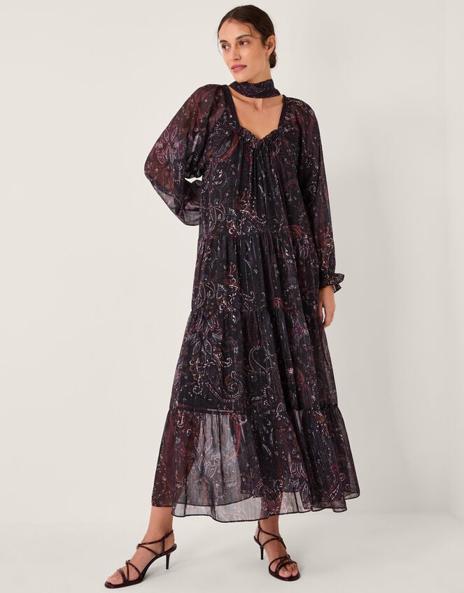 Marianna Paisley Print Tiered Midi Dress, Purple (PURPLE), large