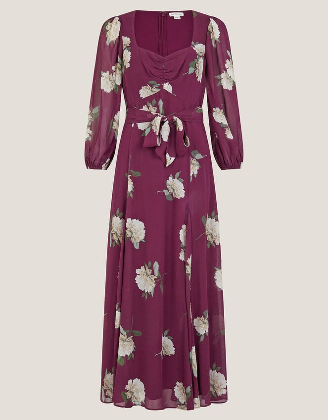 Amber Floral Print Midi Dress & Scarf, Red (BURGUNDY), large