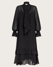 Aurelia Long Sleeve Ruffle Midi Dress, Black (BLACK), large