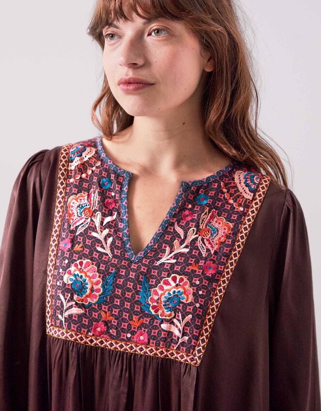 East Eliana Embroidered Long Sleeve Midi Dress, Brown (BROWN), large