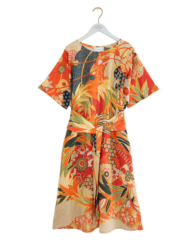 One Hundred Stars Obi Fan Print Midi Dress, Red (RED), large