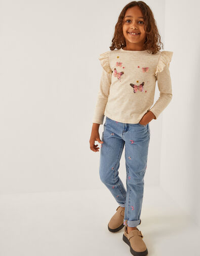 Butterfly Embroidered Straight Leg Jeans, Blue (BLUE), large