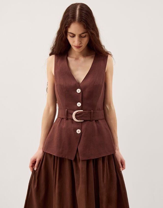 Margot Sleeveless Belted Linen Midi Dress, Brown (CHOCOLATE), large