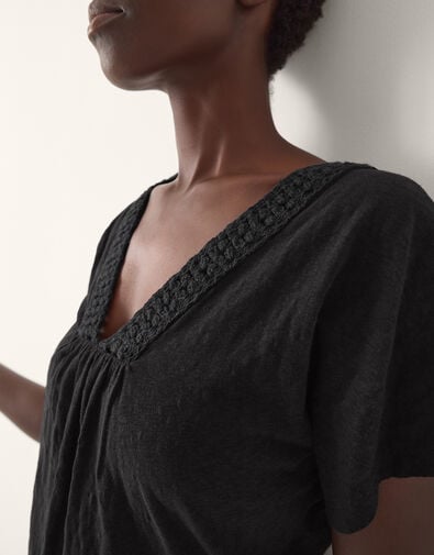 Amaya Crochet V-Neck T-Shirt, Black (BLACK), large