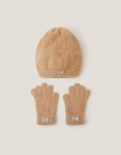 Jewel Bow Fuzzy Knit Hat & Gloves Set, Camel (CAMEL), large