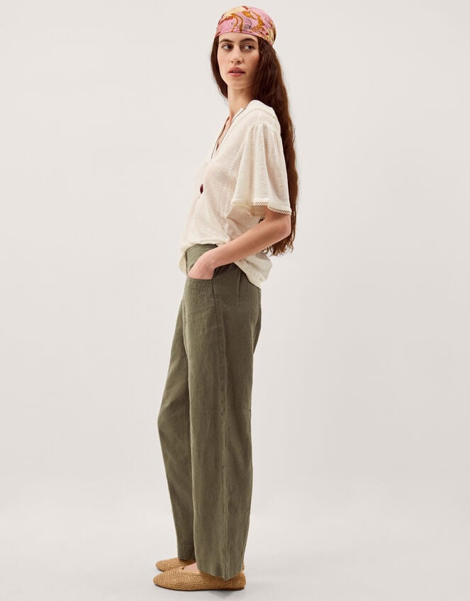 Lucy Regular Straight Leg Linen Trousers, Green (KHAKI), large